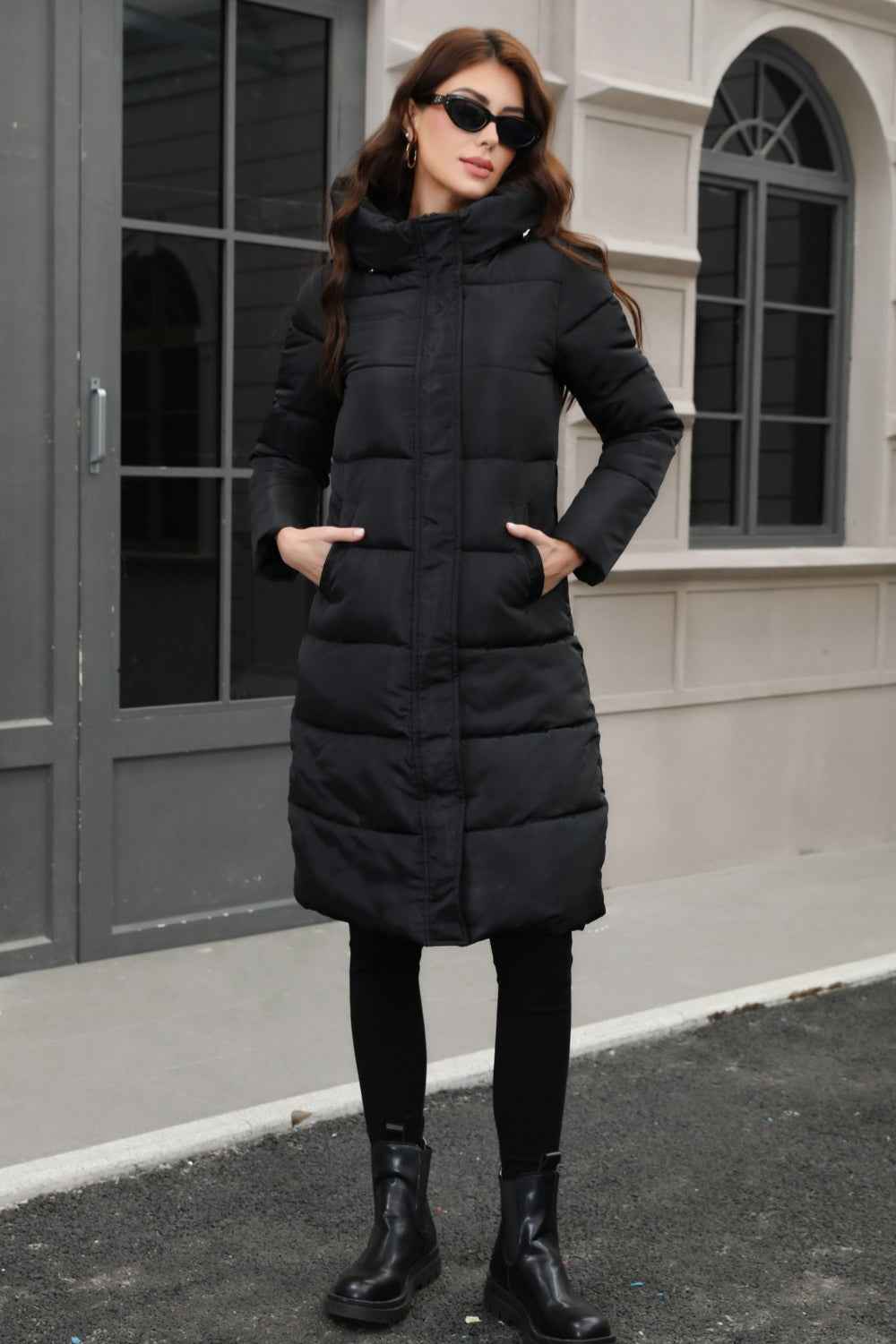 Hooded Longline Padded Jacket with Concealed Button Front
