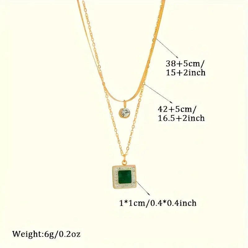 Double-Layer Necklace with Green Square Pendant