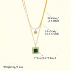 Double-Layer Necklace with Green Square Pendant