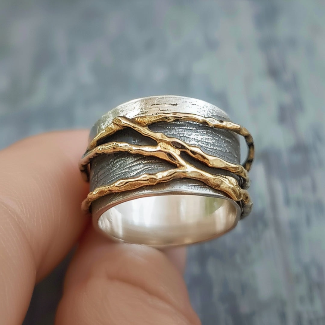 Two-Tone Band Ring with Wrapped Gold-Tone Threads