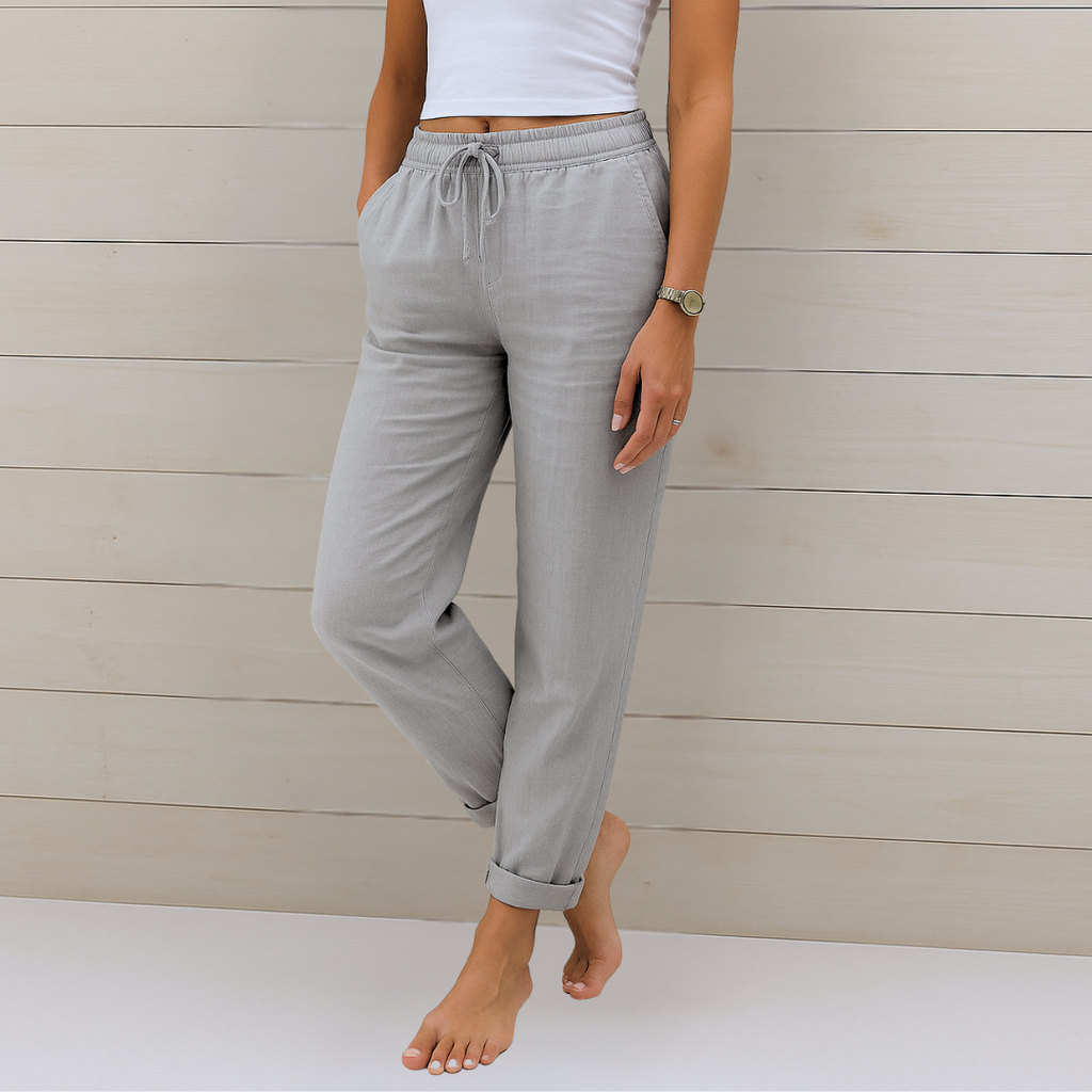 Linen Straight-Leg Trousers with a Drawstring Tie