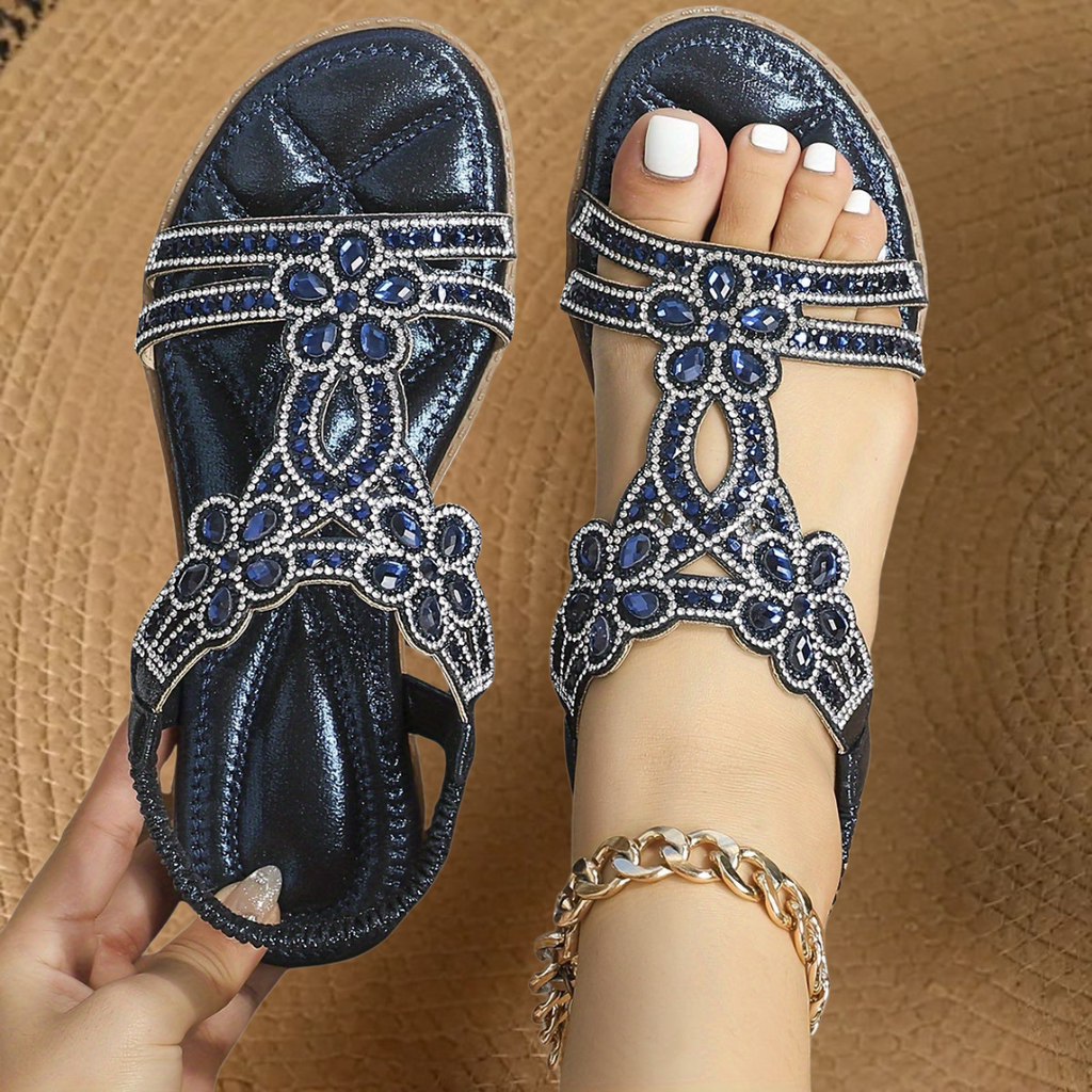 Rhinestone Flat Sandals with Slingback Strap