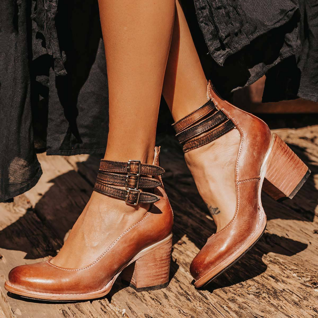 Faux Leather Triple Strap Block Heel Sandals