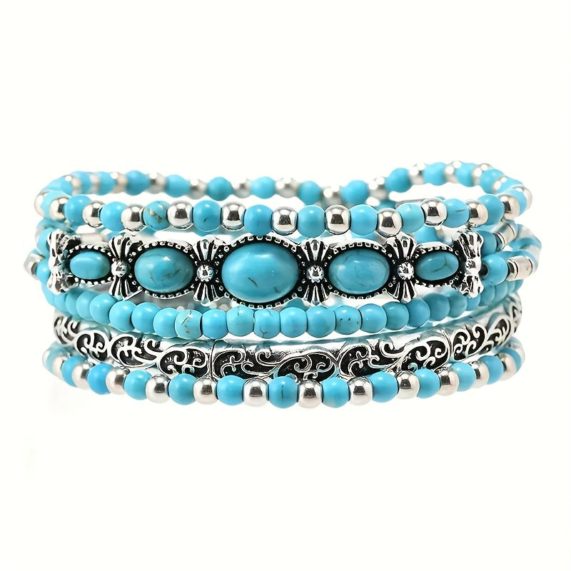 Five-Piece Vintage-Style Turquoise-Look Beaded Bracelet Set