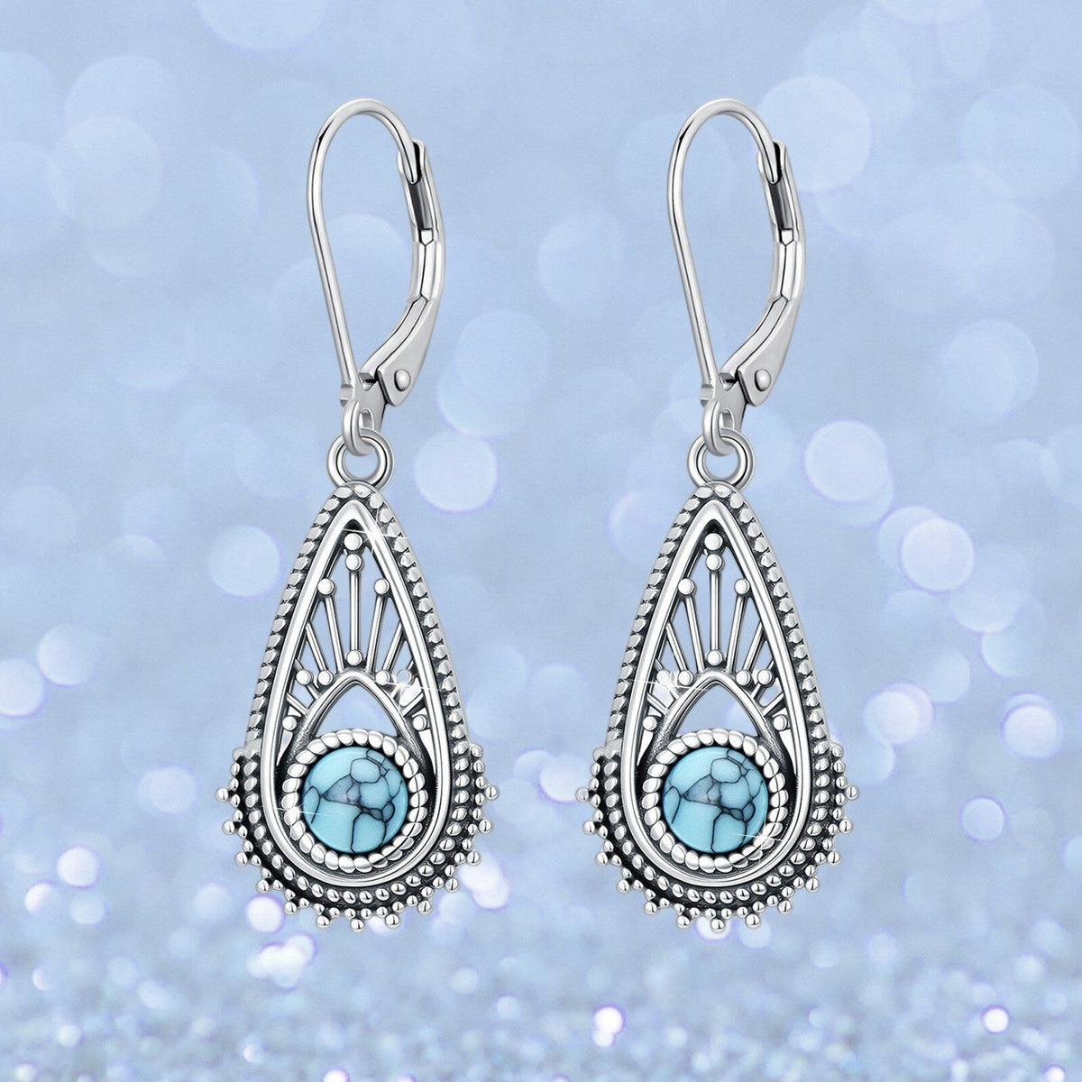 Bohemian Silver-Plated Filigree Teardrop Turquoise Earrings
