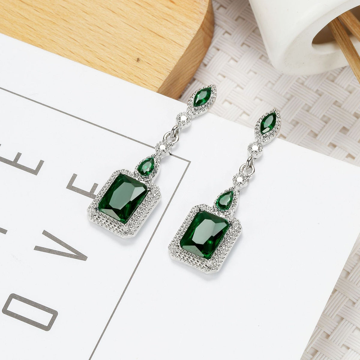 Green Emerald-Cut Linear Drop Earrings