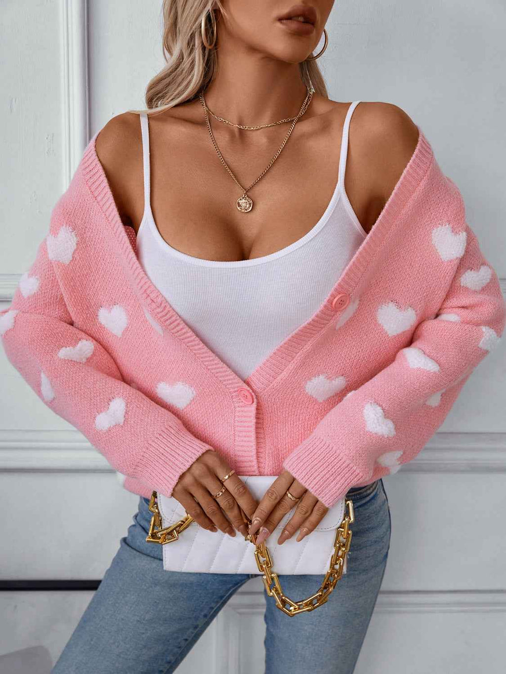 Heart Print V-Neck Cardigan with Button Front and Long Sleeves