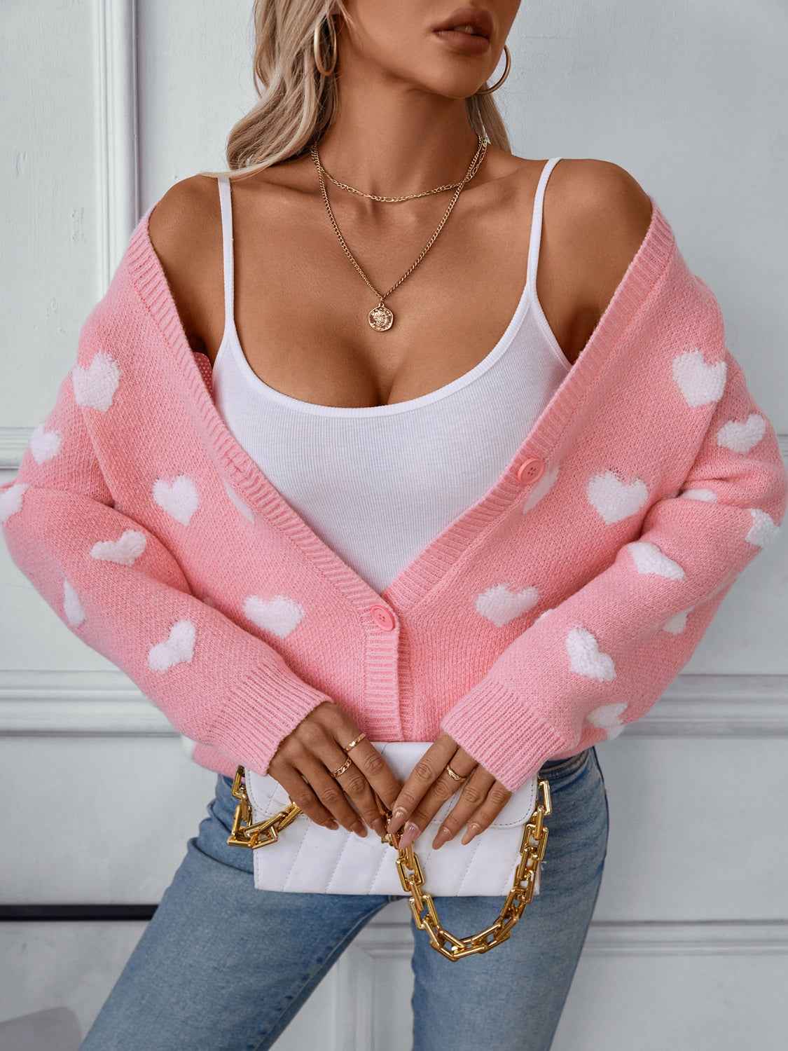 Heart Print V-Neck Cardigan with Button Front and Long Sleeves