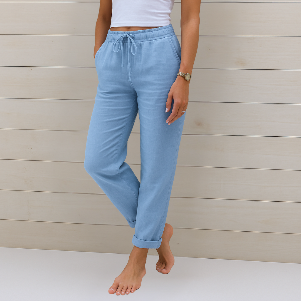 Linen Straight-Leg Trousers with a Drawstring Tie