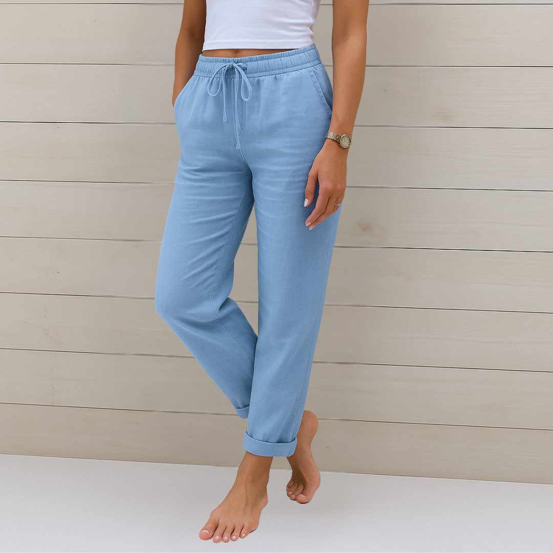 Linen Straight-Leg Trousers with a Drawstring Tie