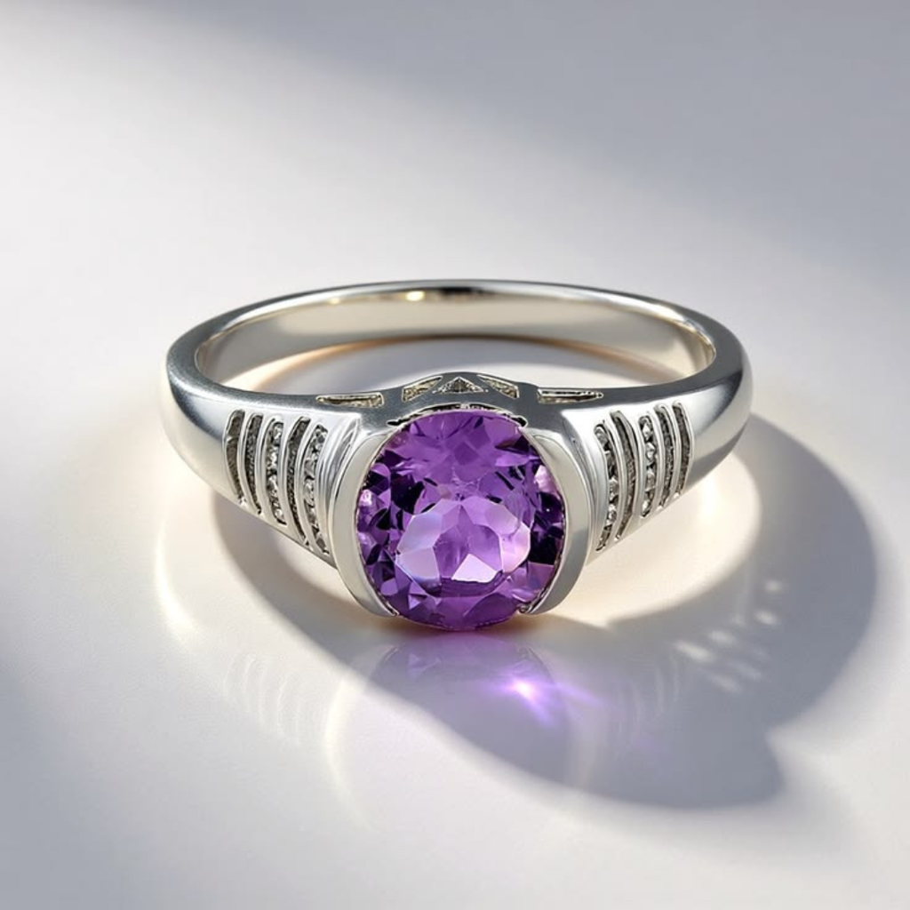 Silver-Plated Round Purple Zirconia Ring