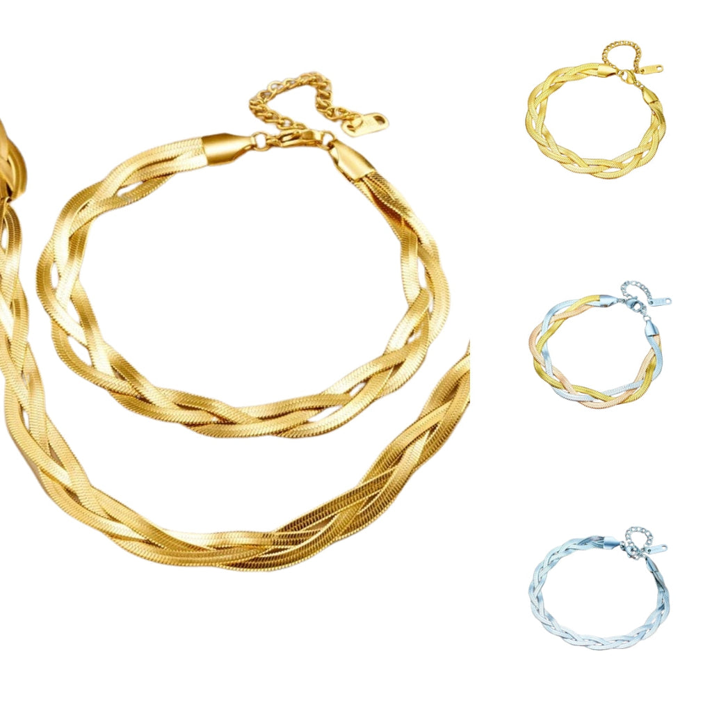 Set met slangenketting en armband in goudkleurig staal