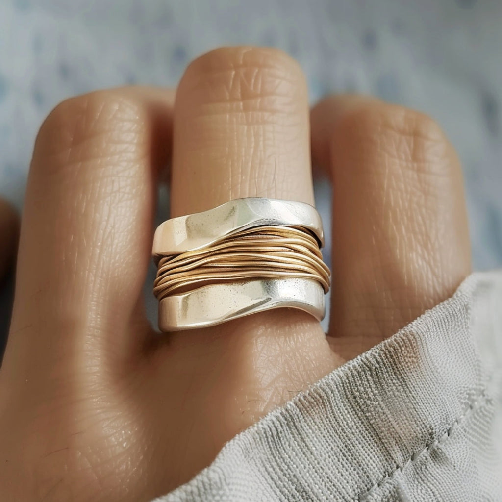 Silver-Tone Ring with Gold-Tone Thread Wrap