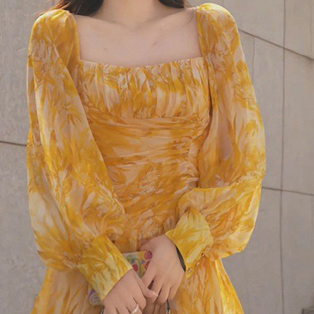 Yellow Square Collar Puff Sleeve Dress