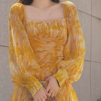 Yellow Square Collar Puff Sleeve Dress