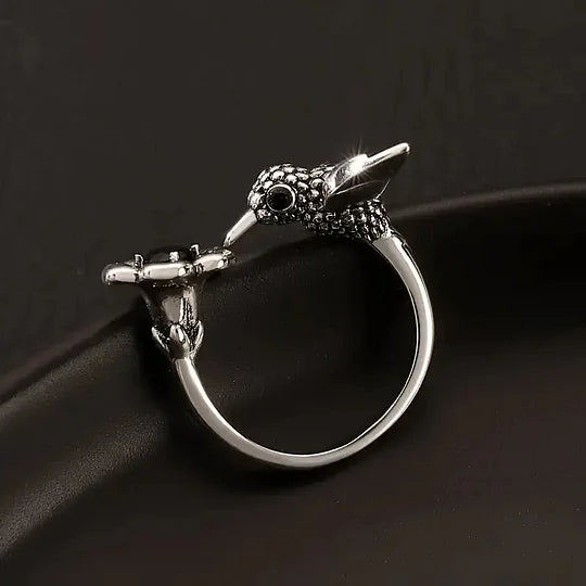 Adjustable Vintage-Style Silver-Plated Hummingbird and Flower Open Ring