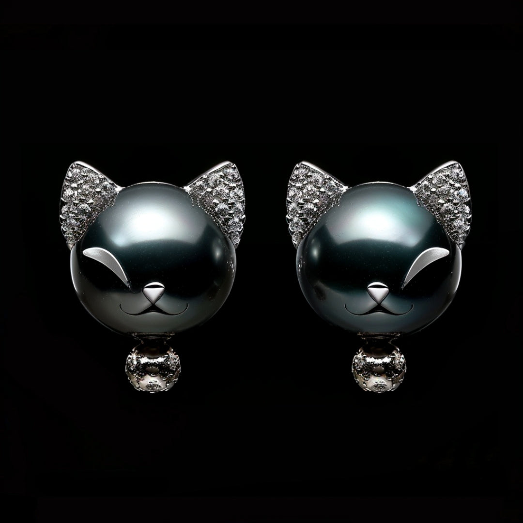 Dark Pearl Cat Earrings