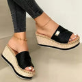 Open Toe Wedge Slide Sandals with Metal Trim