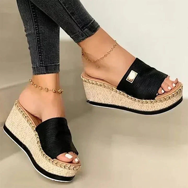 Open Toe Wedge Slide Sandals with Metal Trim