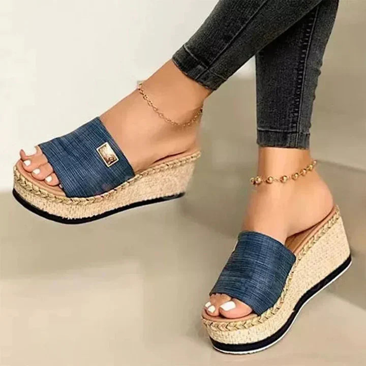 Open Toe Wedge Slide Sandals with Metal Trim