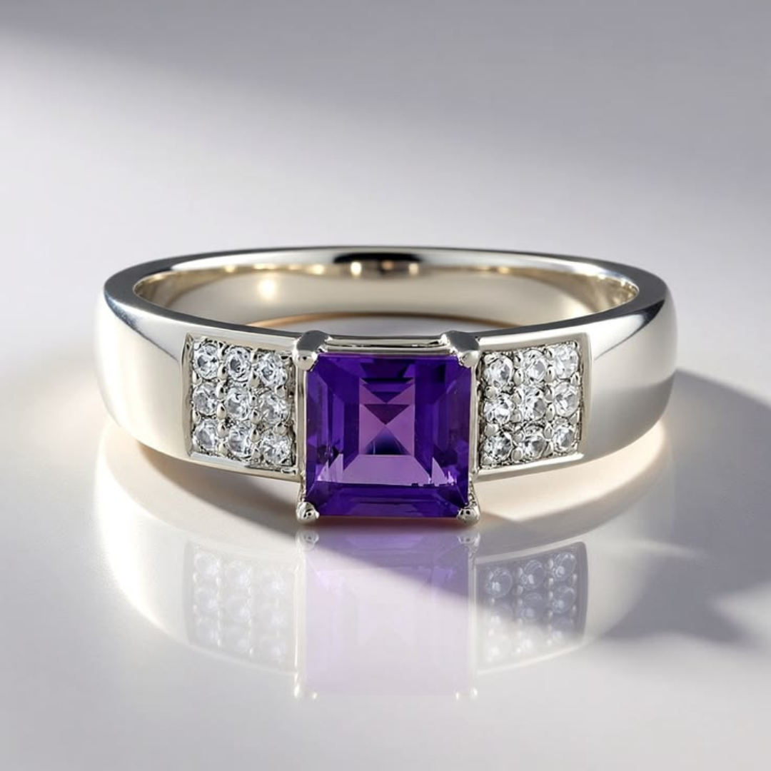 Retro vierkante zilverkleurige ring met paarse zirkonia