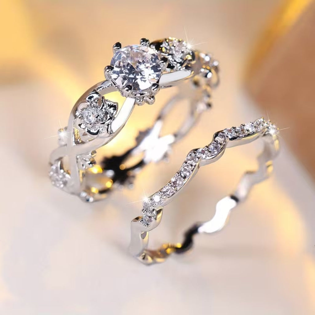 Zilverkleurige ringenset met kristal, solitair en eternitybanden