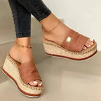 Open Toe Wedge Slide Sandals with Metal Trim