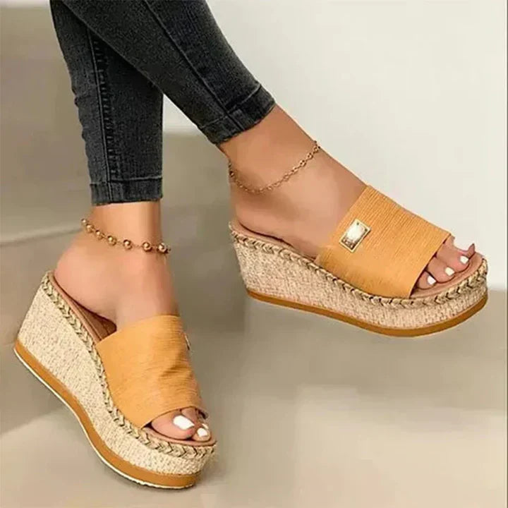 Open Toe Wedge Slide Sandals with Metal Trim