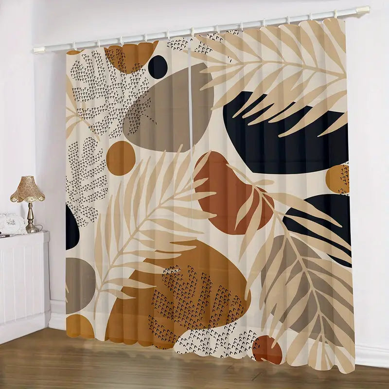 Abstract Leaf Geometric Curtains – Polyester, Bohemian Style, Set of 2 Panels