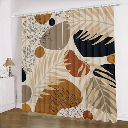 Abstract Leaf Geometric Curtains – Polyester, Bohemian Style, Set of 2 Panels