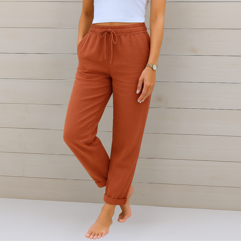 Linen Straight-Leg Trousers with a Drawstring Tie