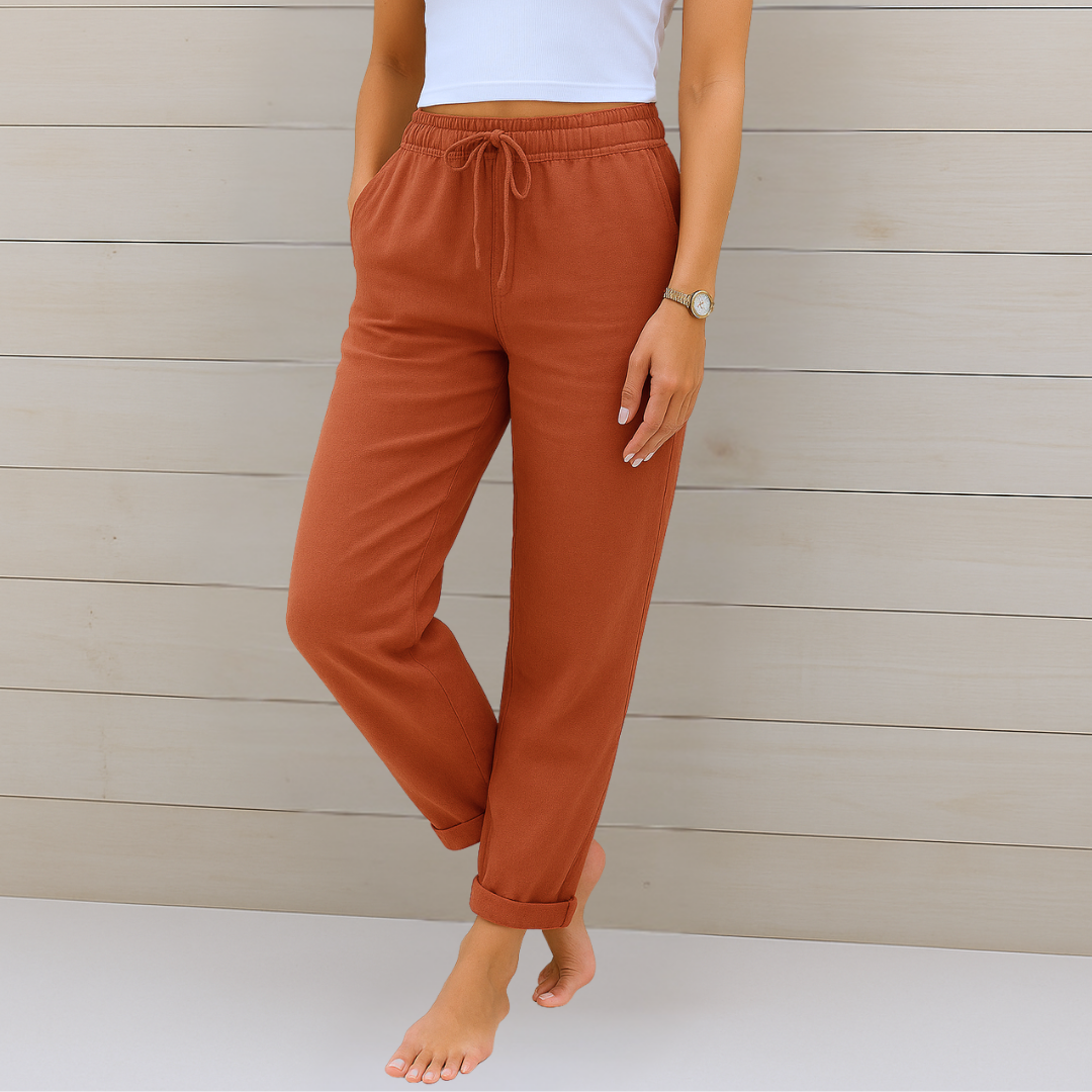 Linen Straight-Leg Trousers with a Drawstring Tie