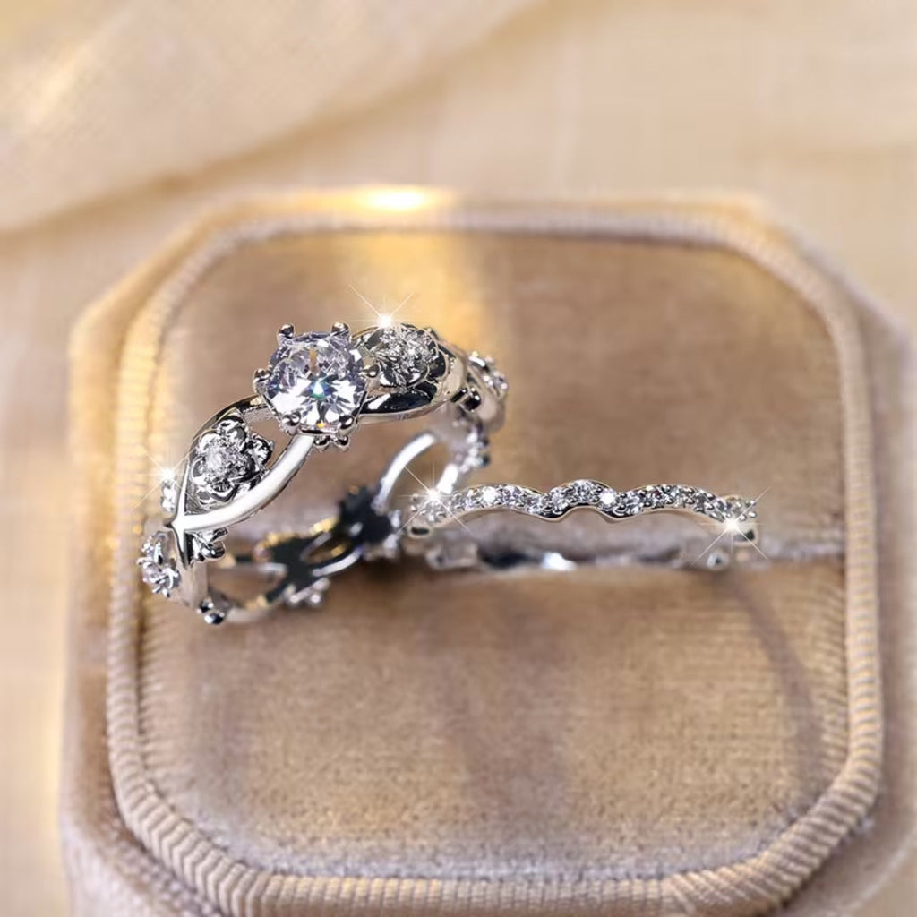 Zilverkleurige ringenset met kristal, solitair en eternitybanden