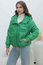 Quilted Hooded Jacket with High Collar and Drawstring Hem