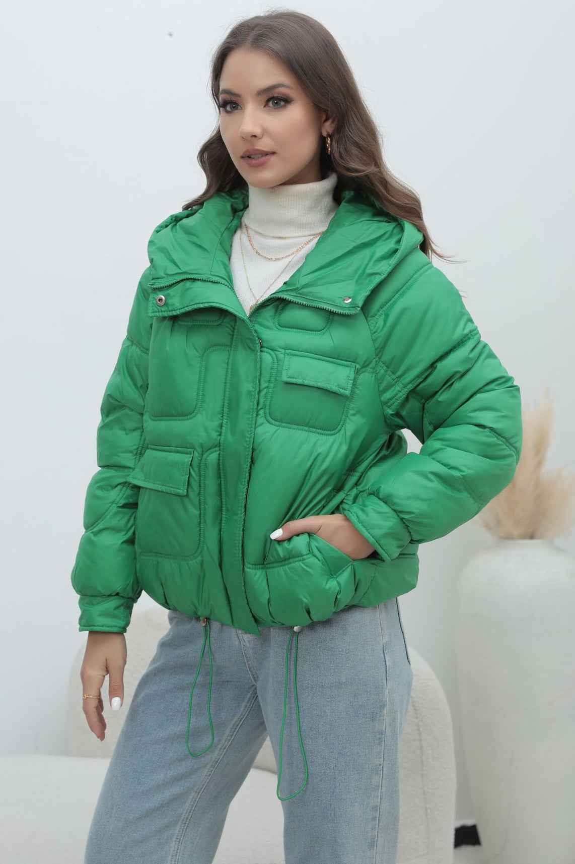Quilted Hooded Jacket with High Collar and Drawstring Hem