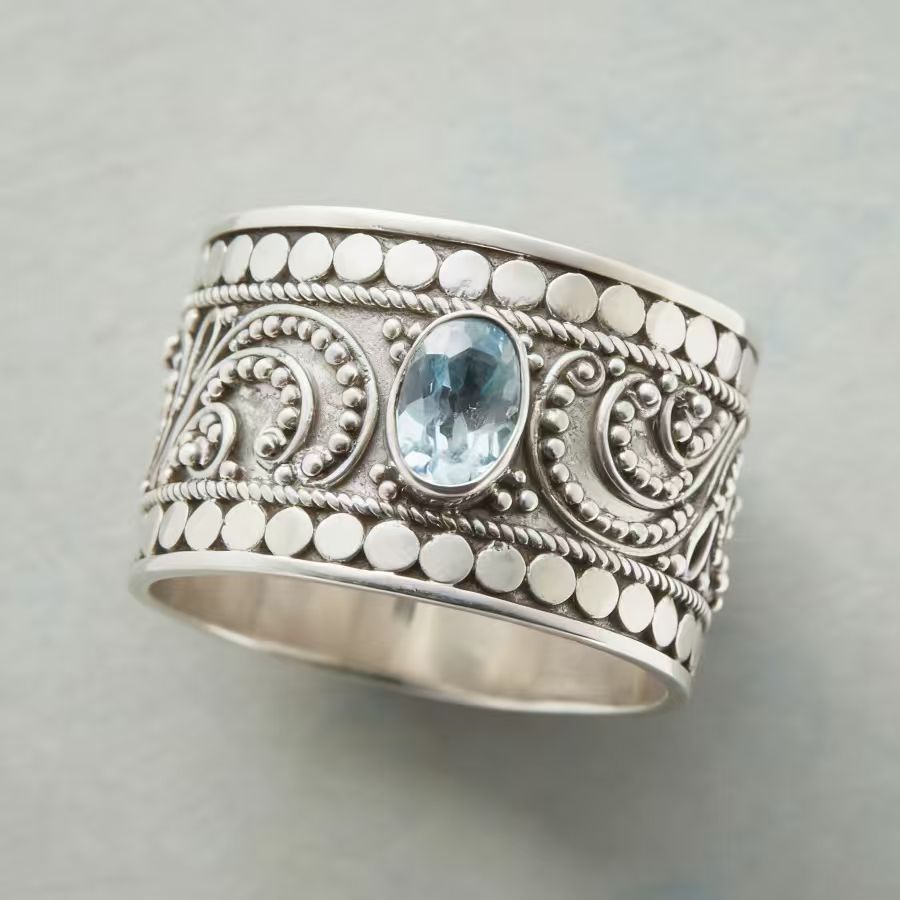 Vintage-Style Ocean Blue Round Cubic Zirconia Wide Band Ring