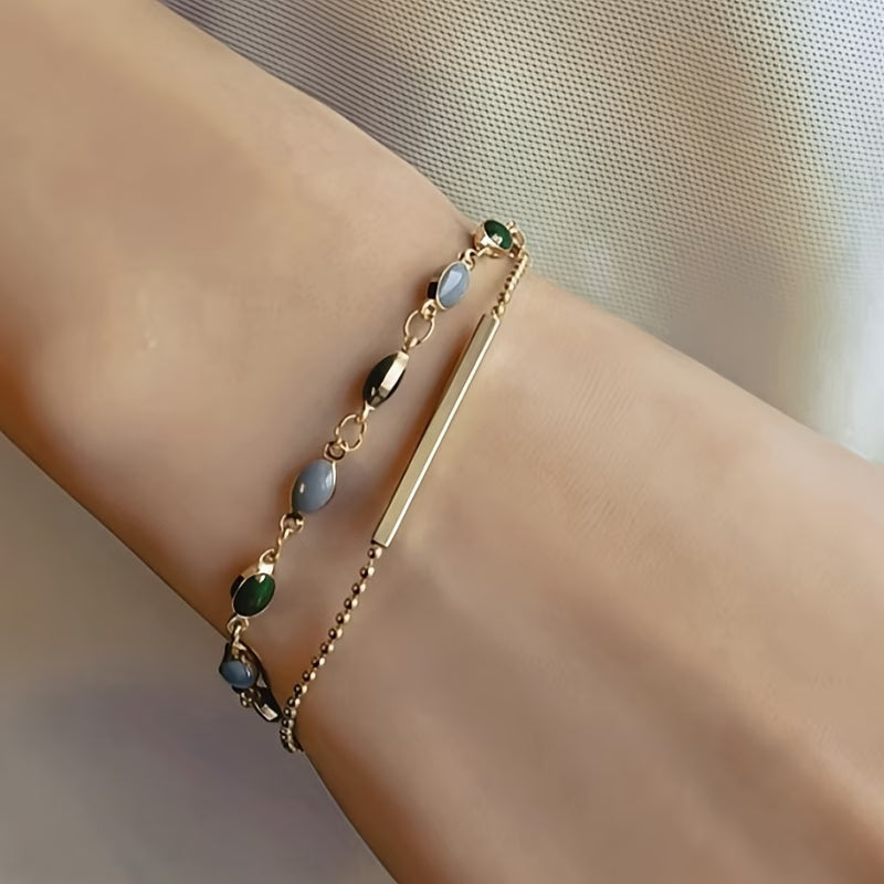 Gold-Tone Chain Bracelet with Green Square Stones