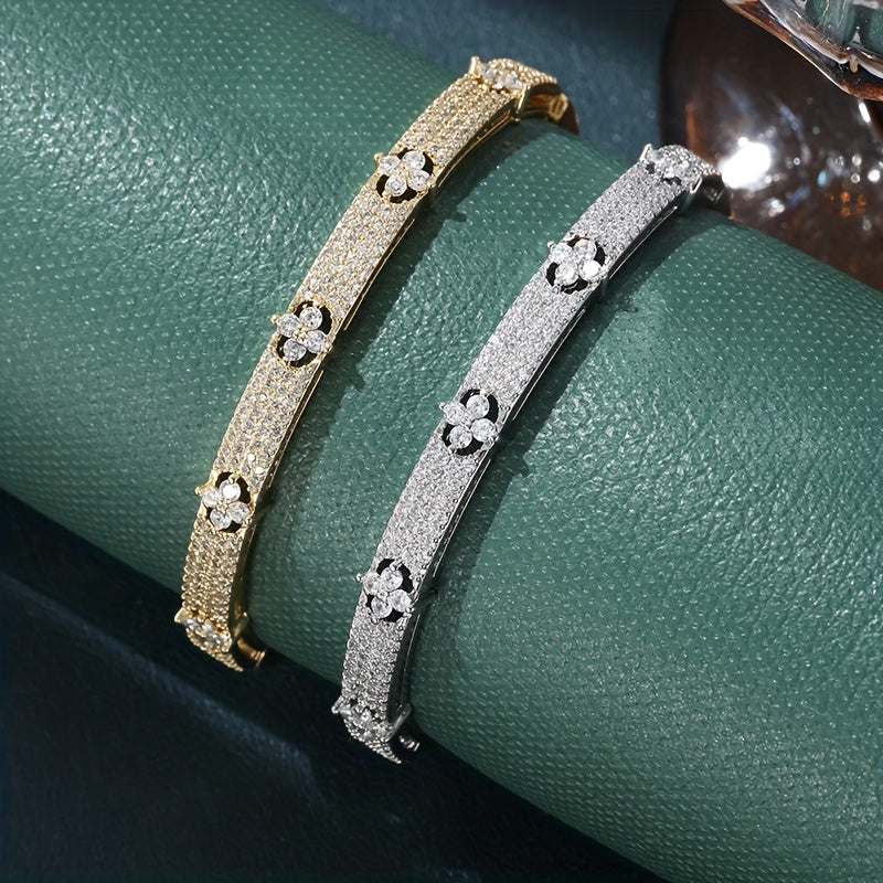 Floral Design Zirconia Inlaid Bracelet in Two Tones