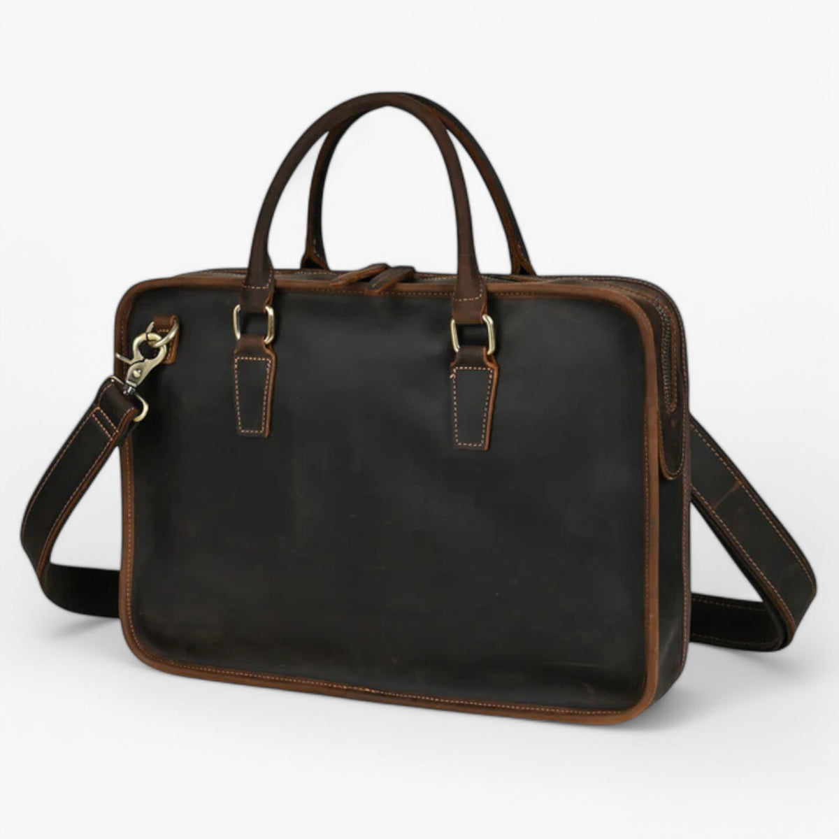 Dark Brown Leather Laptop Bag with Shoulder Strap