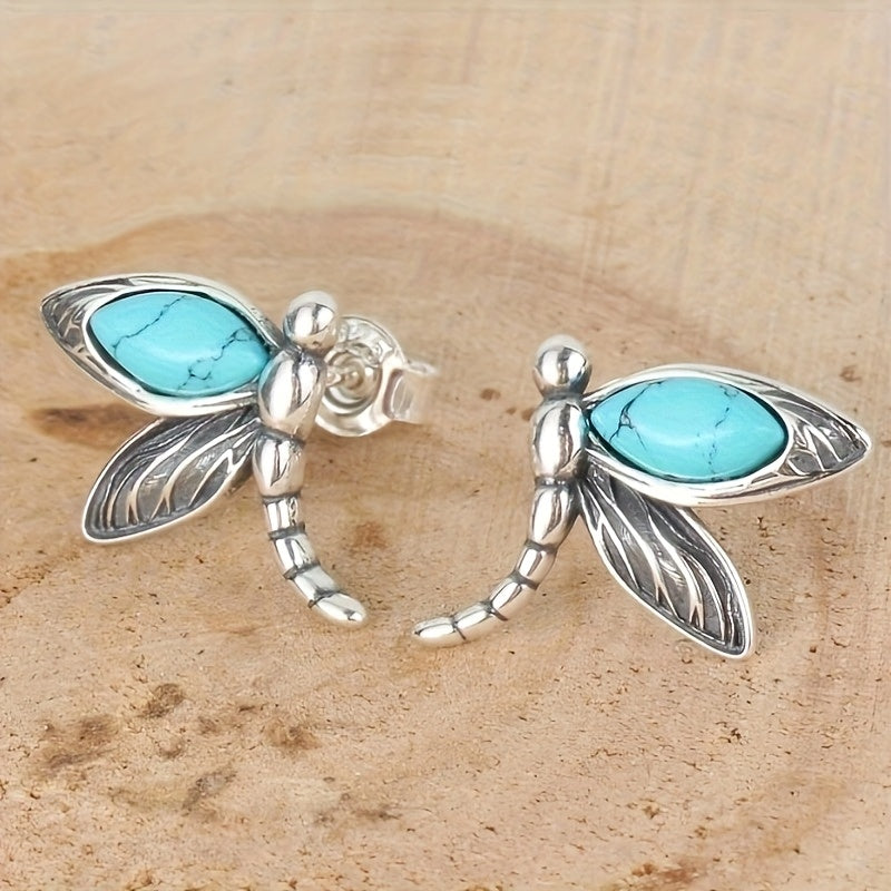 Vintage Turquoise Dragonfly Silver-Plated Stud Earrings