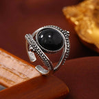 Vintage-Style Round Black Stone Cuff Ring