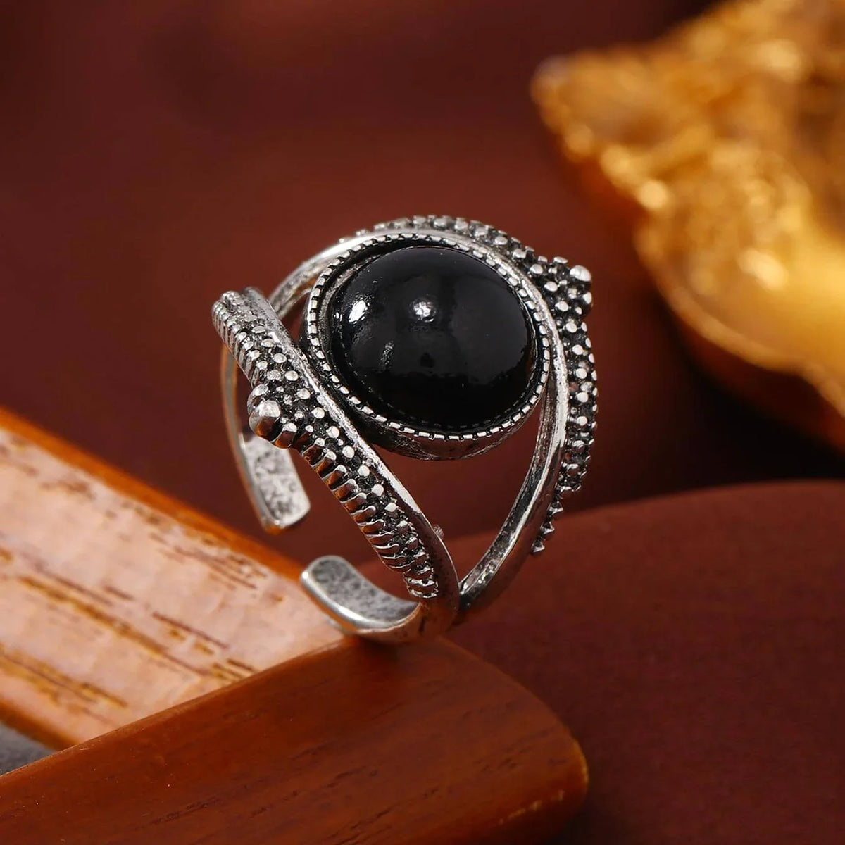 Vintage-Style Round Black Stone Cuff Ring