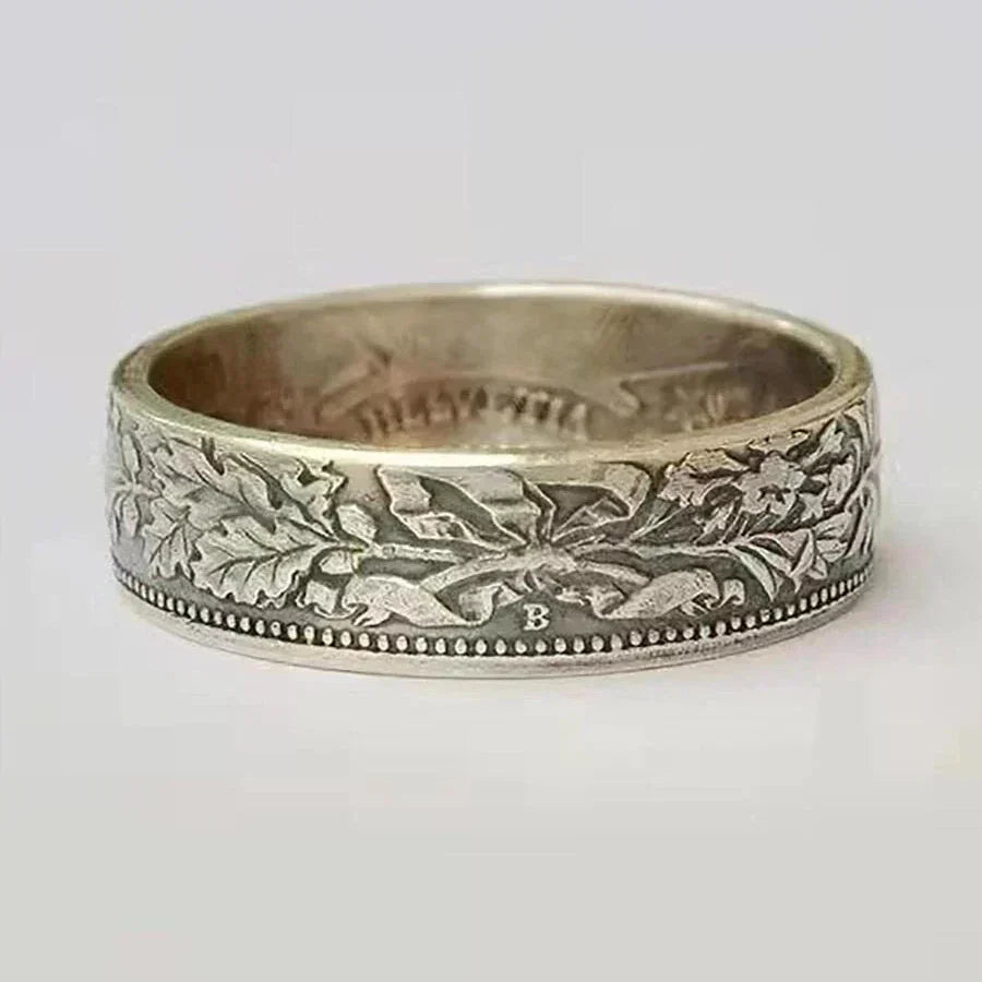 Vintage-Style Silver-Plated Snowflake and Coin Pattern Ring