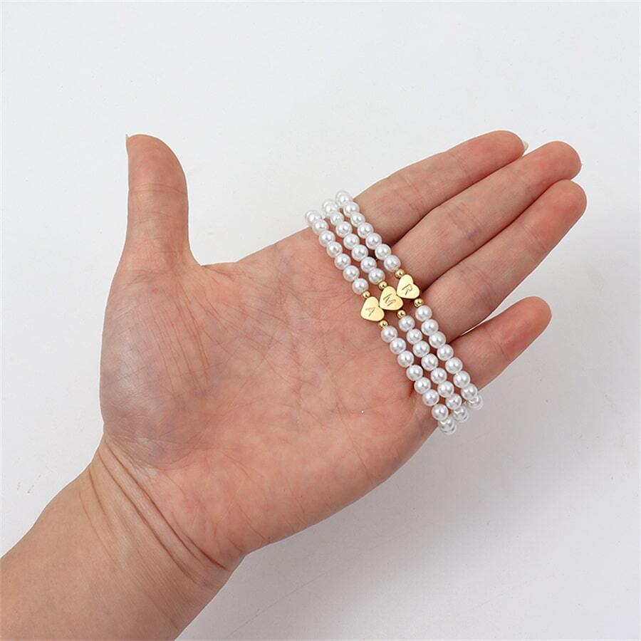 Personalised Pearl Bead Bracelet with Heart Initial Charm