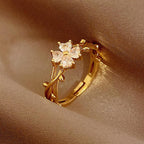 Adjustable Zirconia Flower and Leaf Open Ring