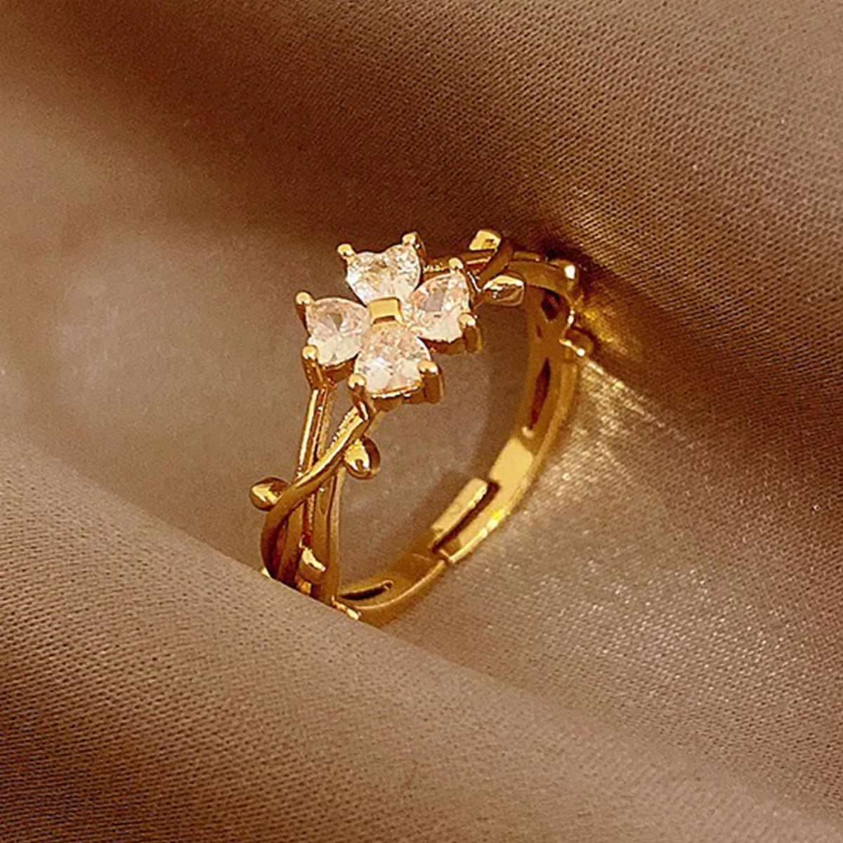 Adjustable Zirconia Flower and Leaf Open Ring