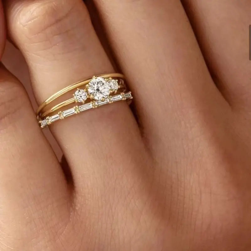 Layered Gold-Tone Ring with Crystal Accent
