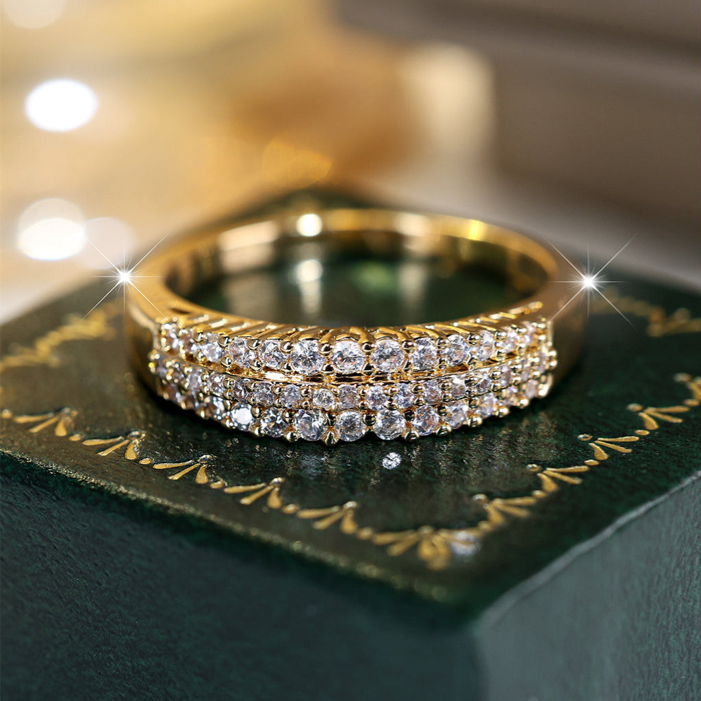 Three-Row Sparkling Zirconia Gold-Plated Ring