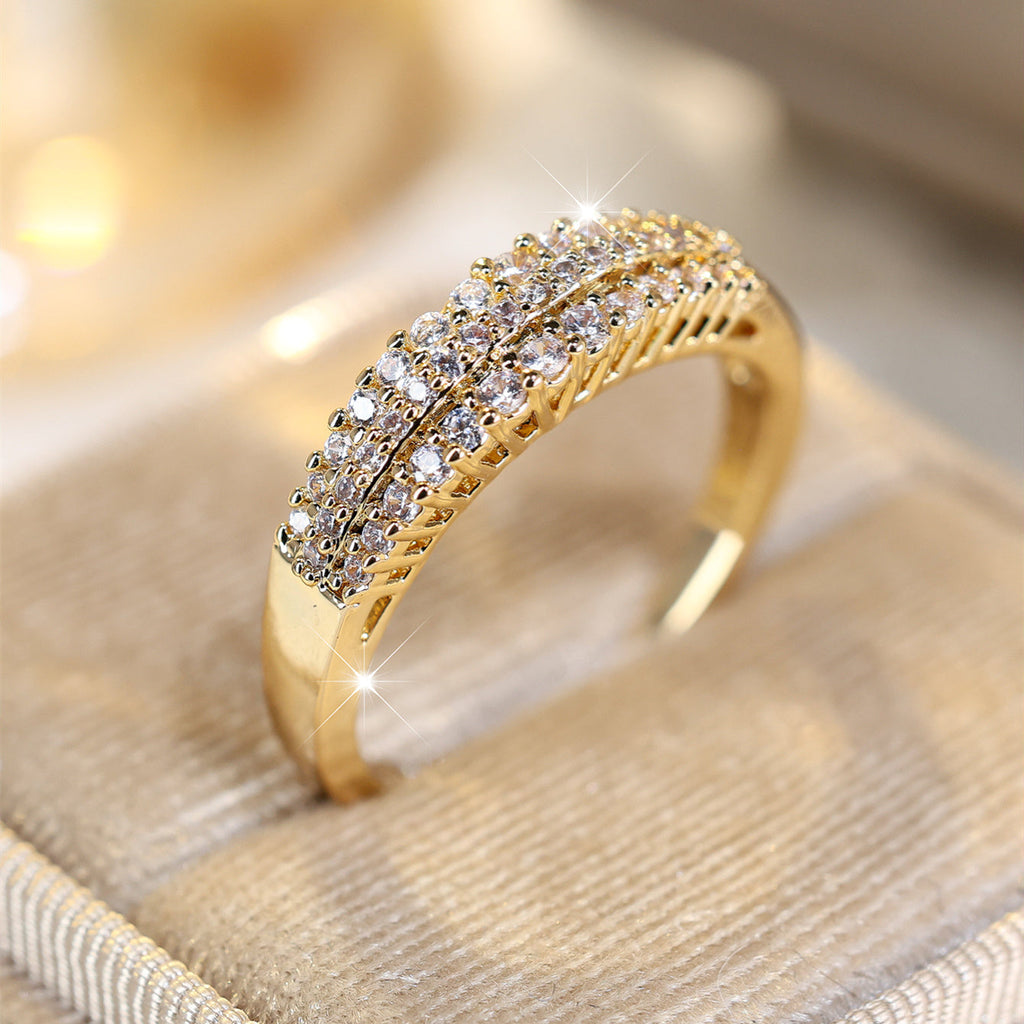 Three-Row Sparkling Zirconia Gold-Plated Ring