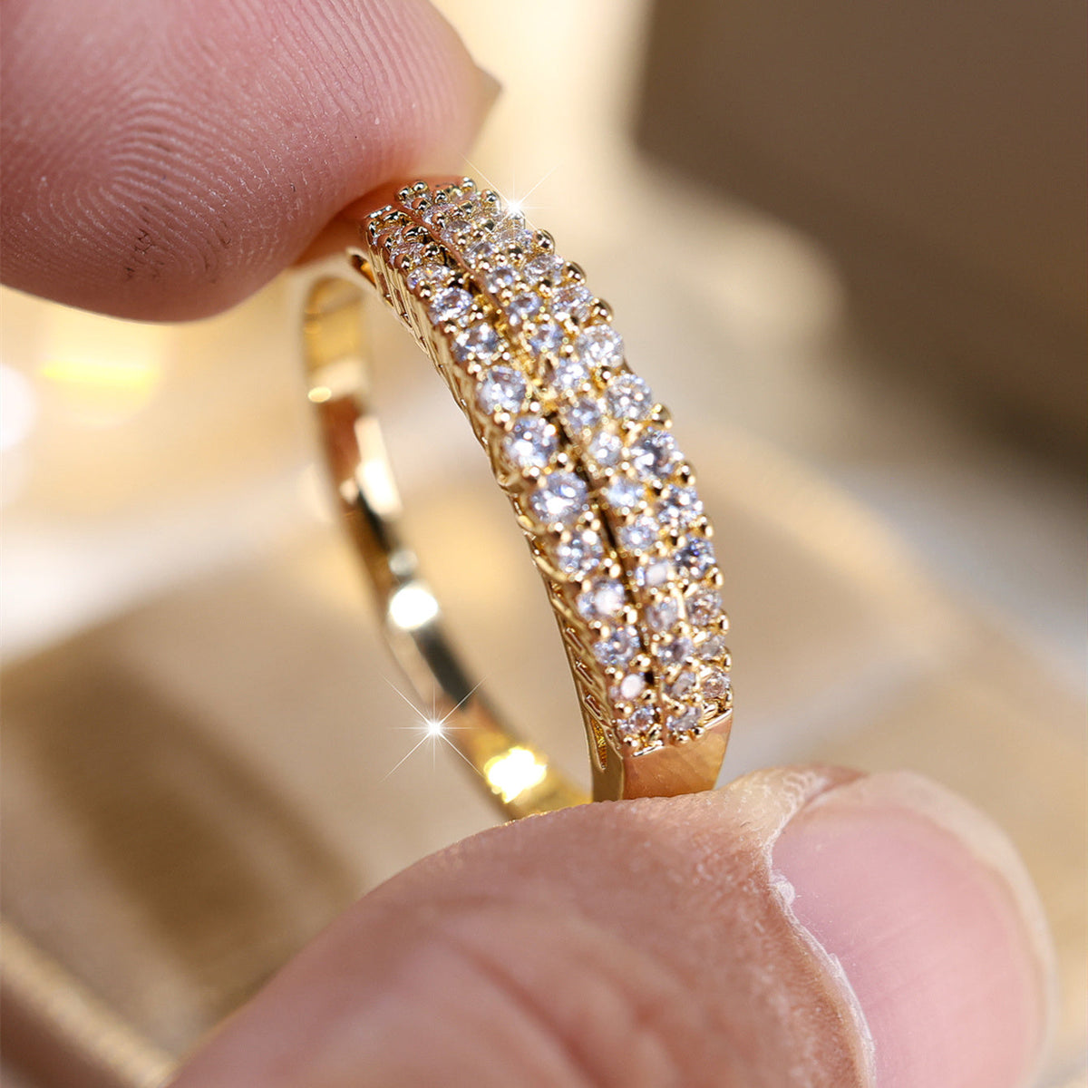 Three-Row Sparkling Zirconia Gold-Plated Ring